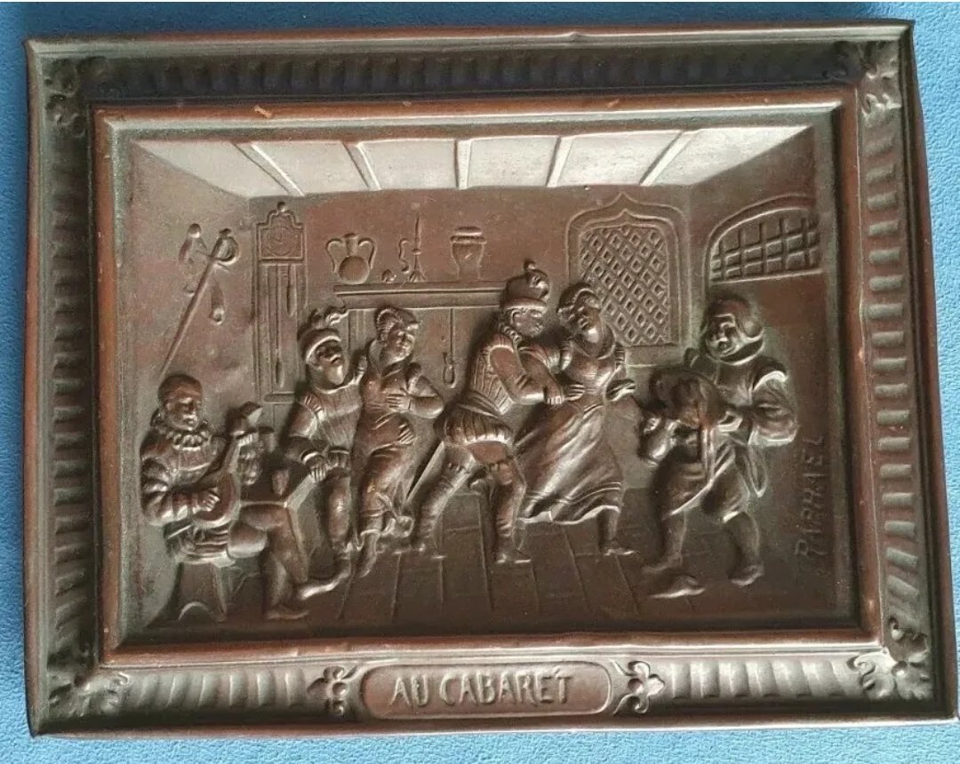 French Antique Copper Wall Plaque Repousse Aft Au Cabaret Raphael - Image 4