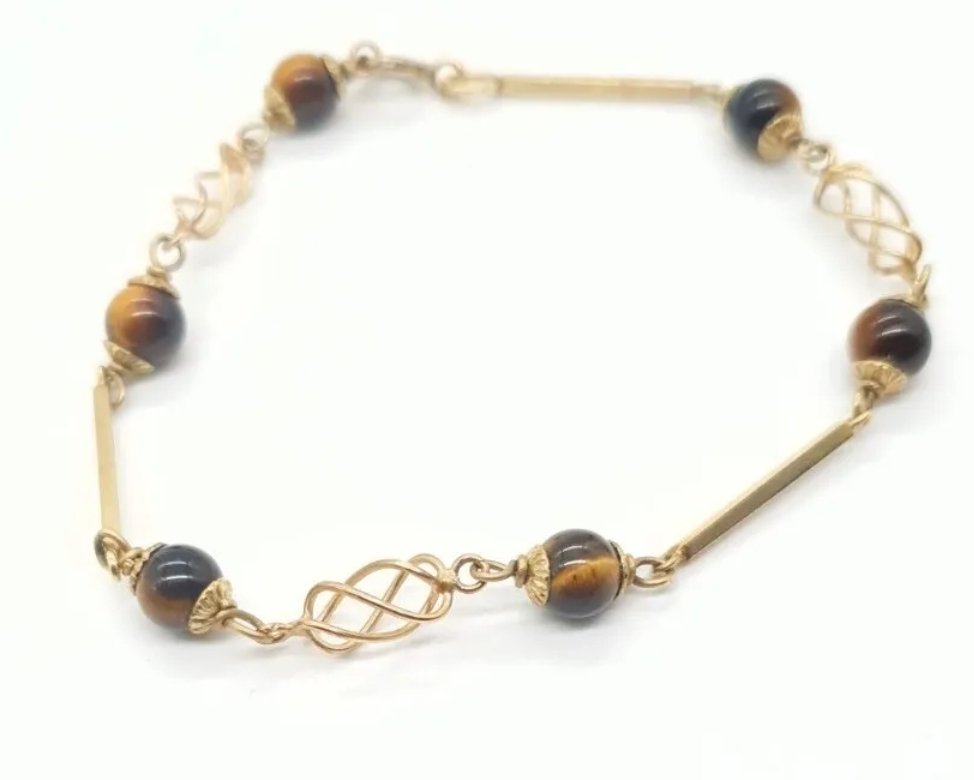 9ct Gold & Tigers Eye Bracelet Hallmarked London 1979 7.5" - Image 2
