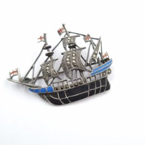 Silver & Enamel Ship Brooch