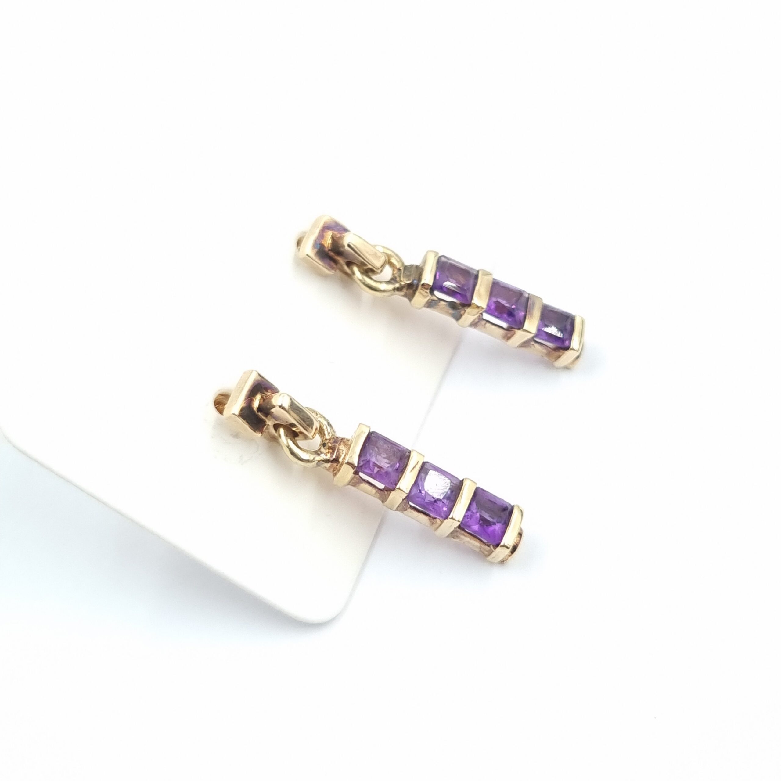 Gold Amethyst Drop Earrings. Square Cut on 9ct Gold Hallmarked 2003 - Image 2
