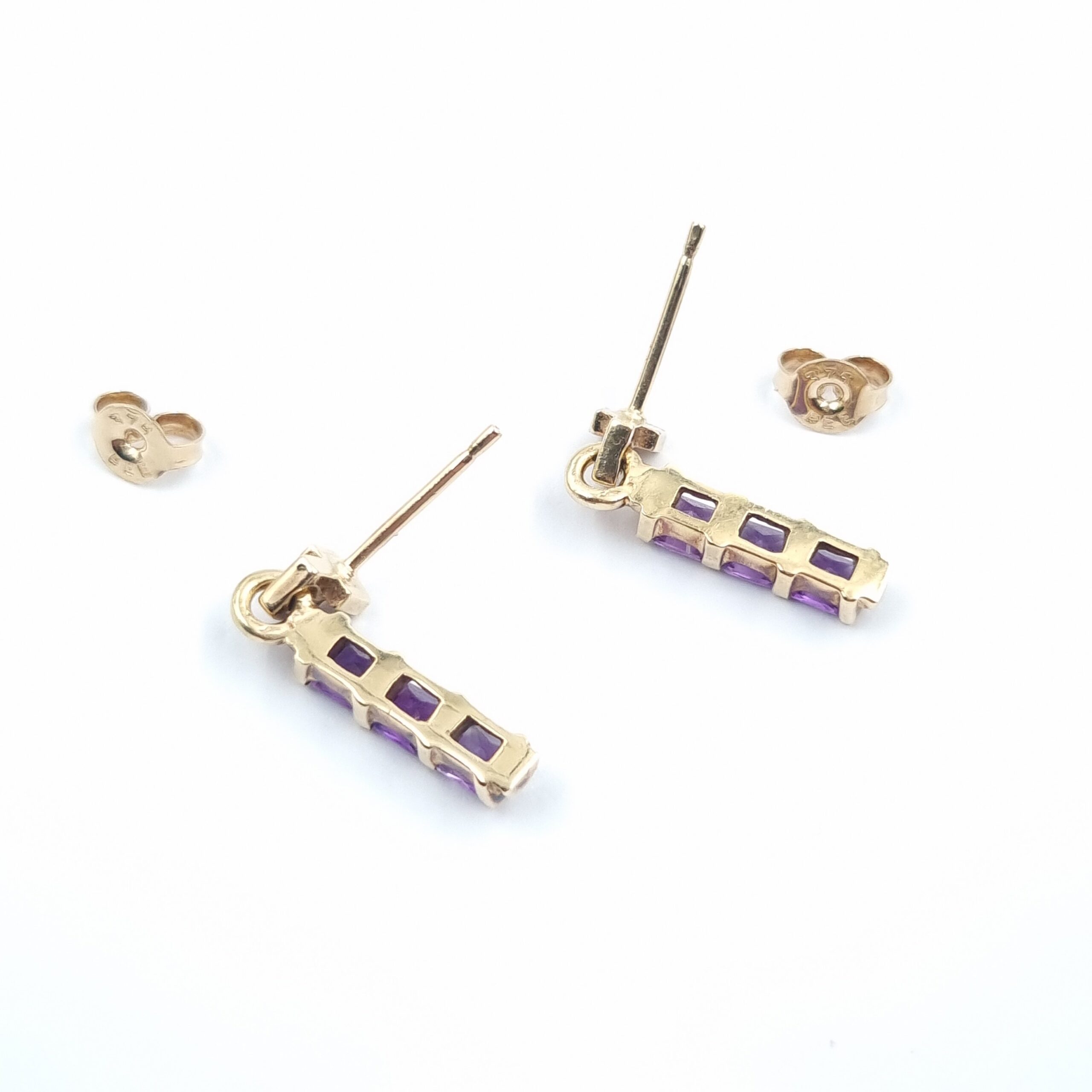 Gold Amethyst Drop Earrings. Square Cut on 9ct Gold Hallmarked 2003 - Image 3