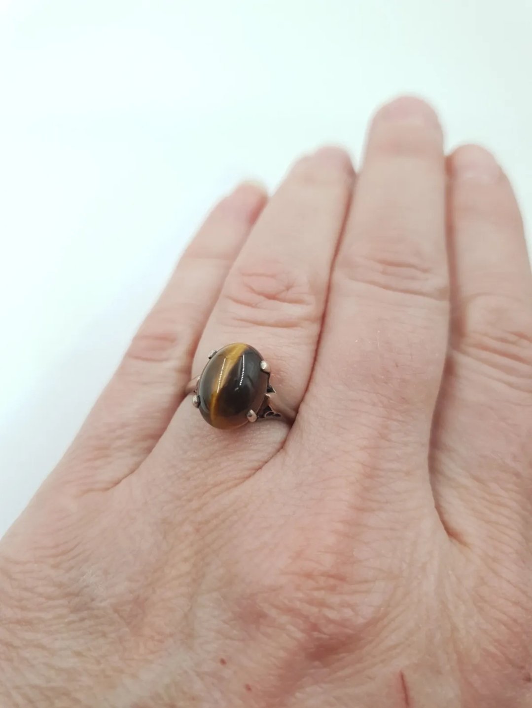 Tigers Eye Silver Ring. Size O (7). High Ornate Shank - Image 2