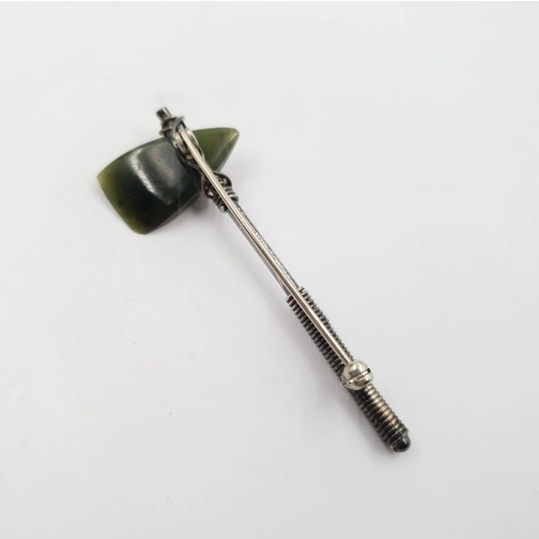 Nephrite Jade Tomahawk Brooch Sterling Silver Signed. - Image 2