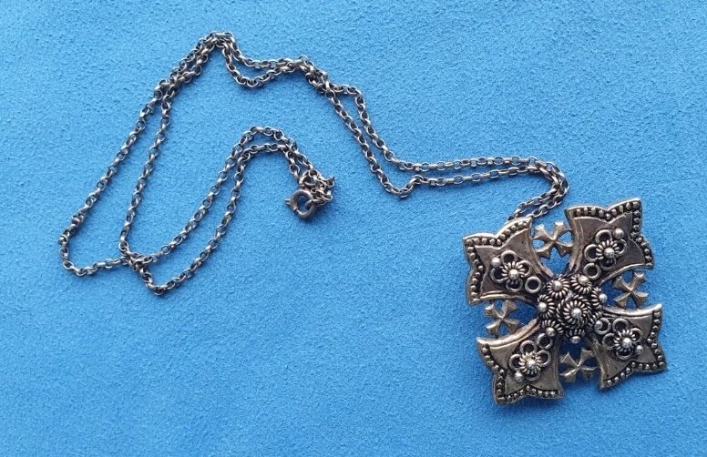 Jerusalem Cross Pendant 900 Silver Cannetille Decoration Brooch - Image 2