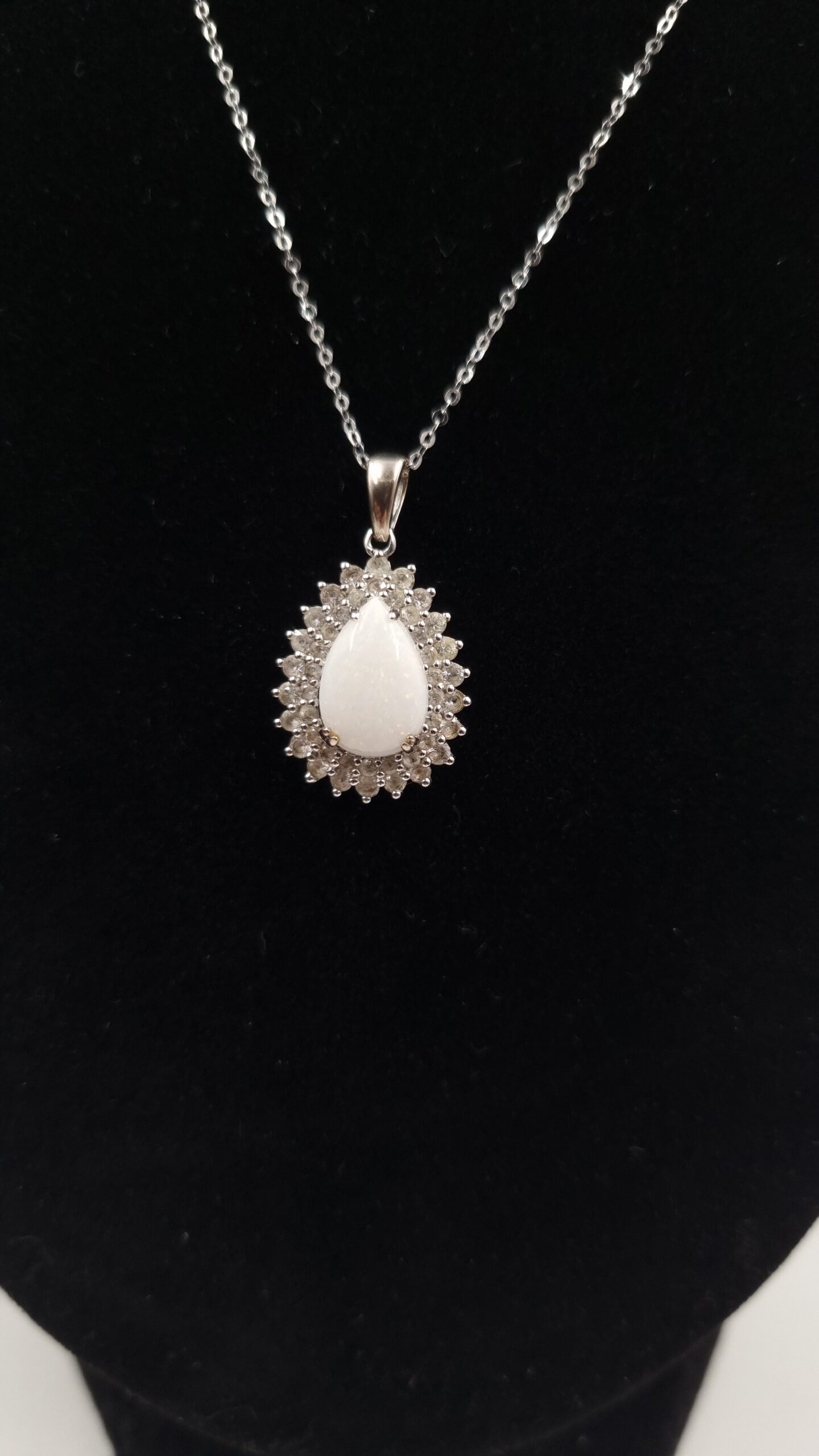 Opal & White Sapphire Pendant 14kt White Gold 18k Chain - Image 4