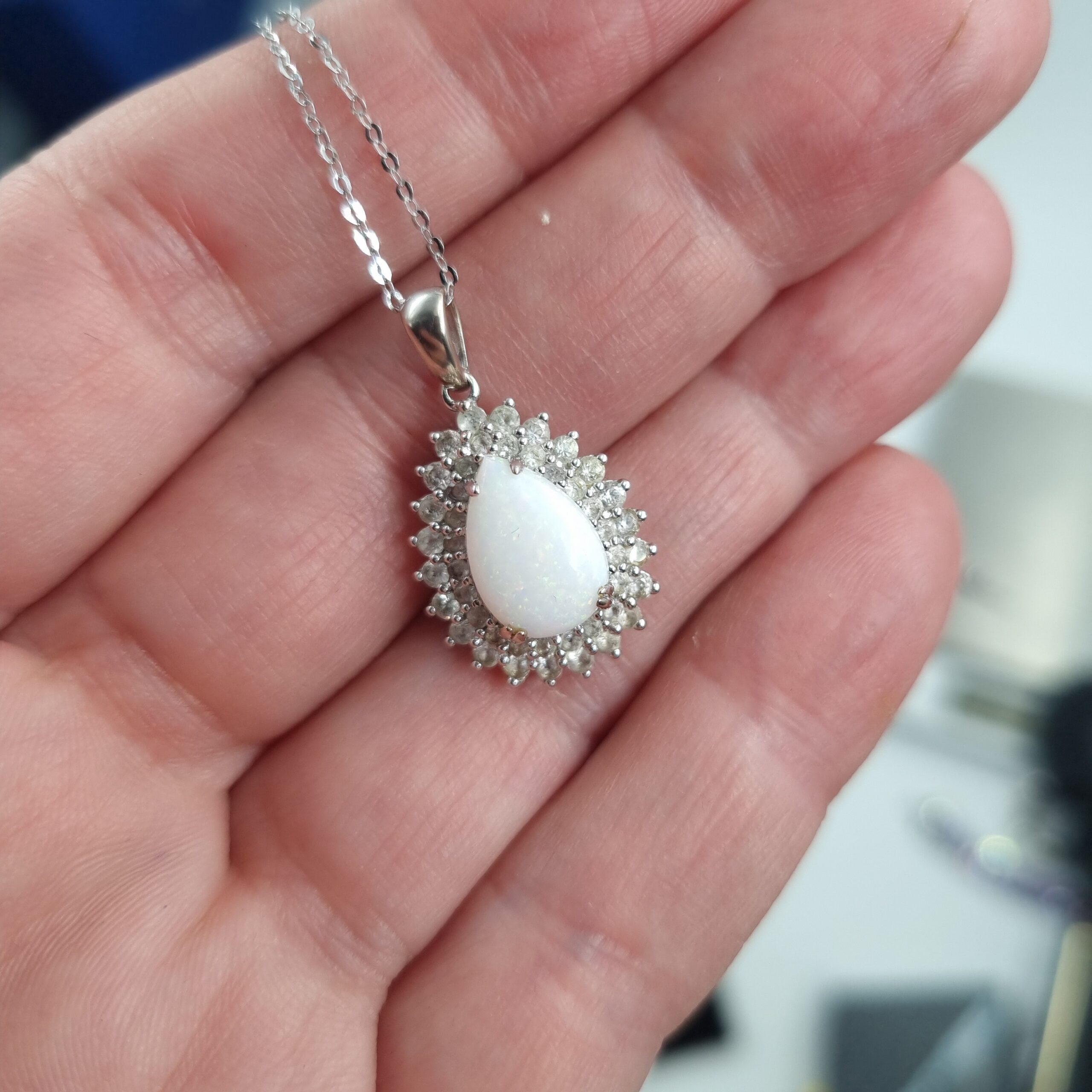 Opal & White Sapphire Pendant 14kt White Gold 18k Chain - Image 5
