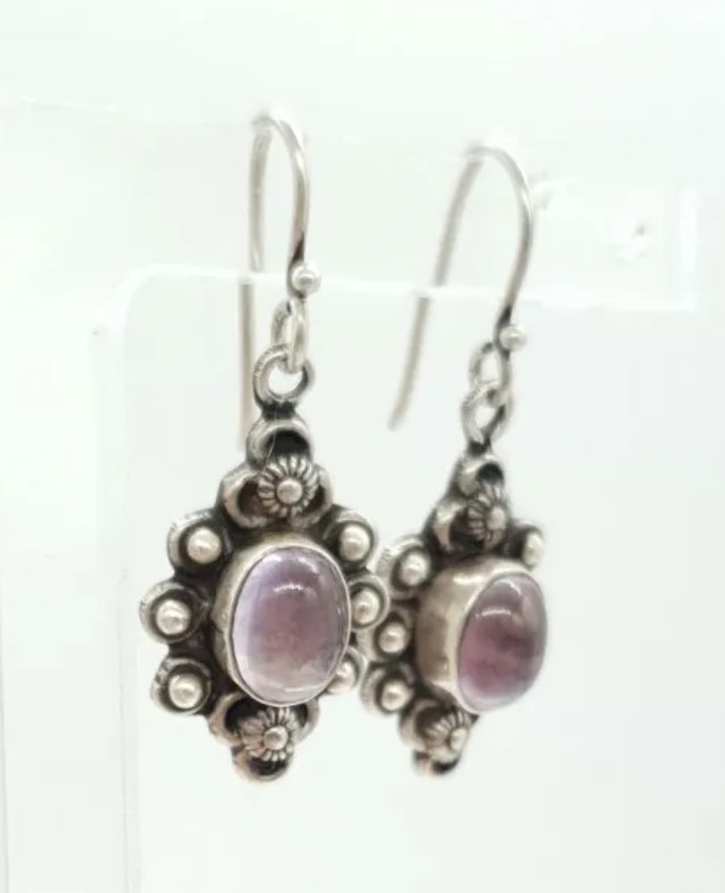 Vintage Amethyst Earrings Sterling Silver Ornate Dangle Drop - Image 2
