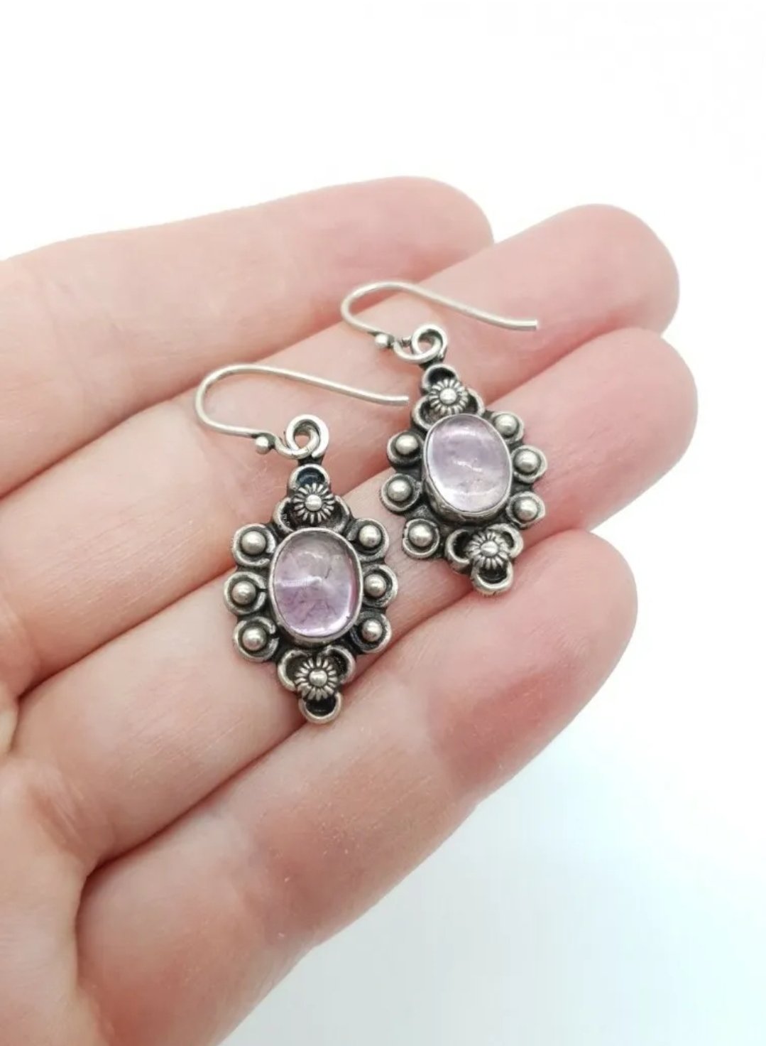 Vintage Amethyst Earrings Sterling Silver Ornate Dangle Drop - Image 4
