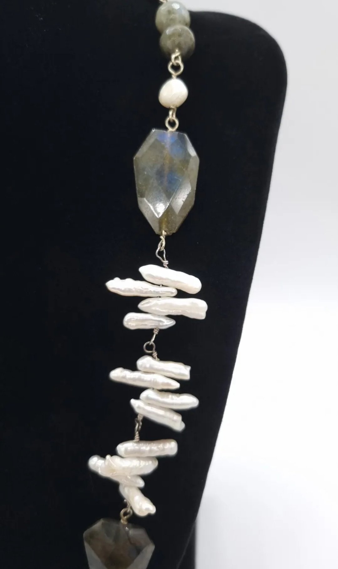 Labradorite & Baroque Stick Pearl Necklace Statement Piece Sterling Clasp - Image 2