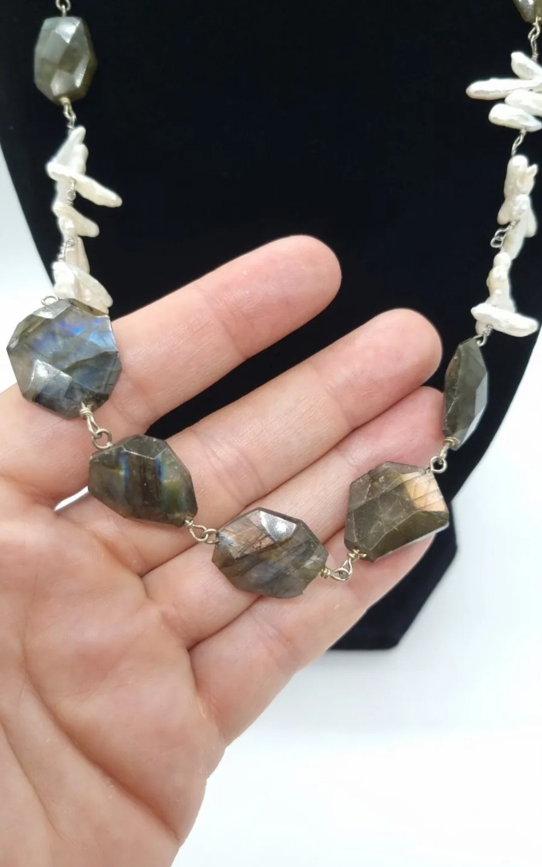 Labradorite & Baroque Stick Pearl Necklace Statement Piece Sterling Clasp - Image 3