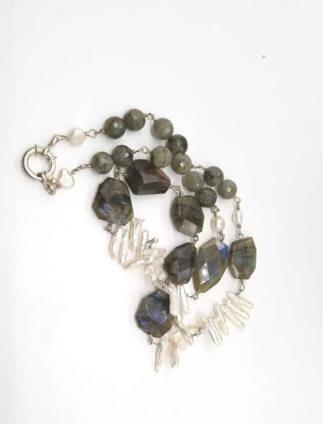 Labradorite & Baroque Stick Pearl Necklace Statement Piece Sterling Clasp - Image 4