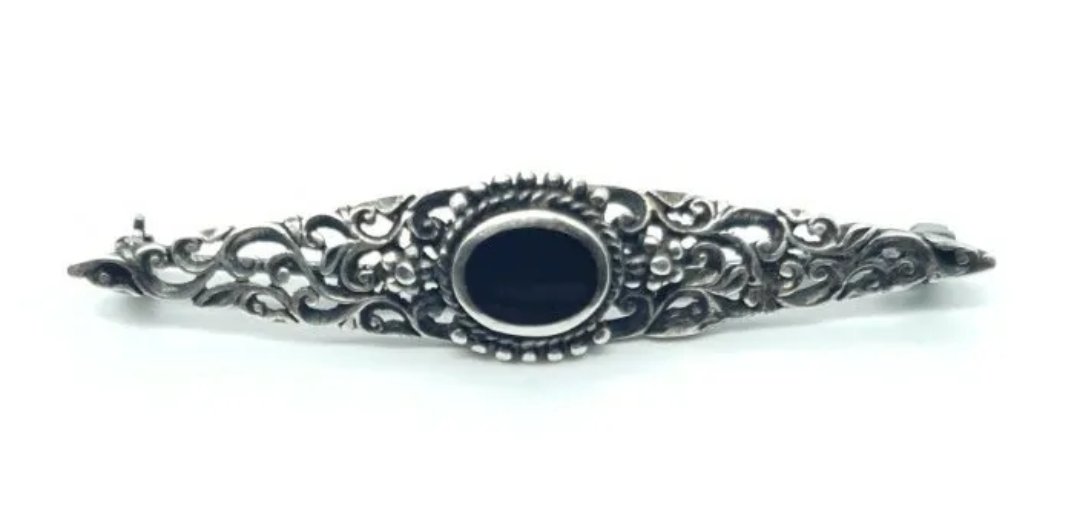 Vintage Silver Onyx Bar Brooch
