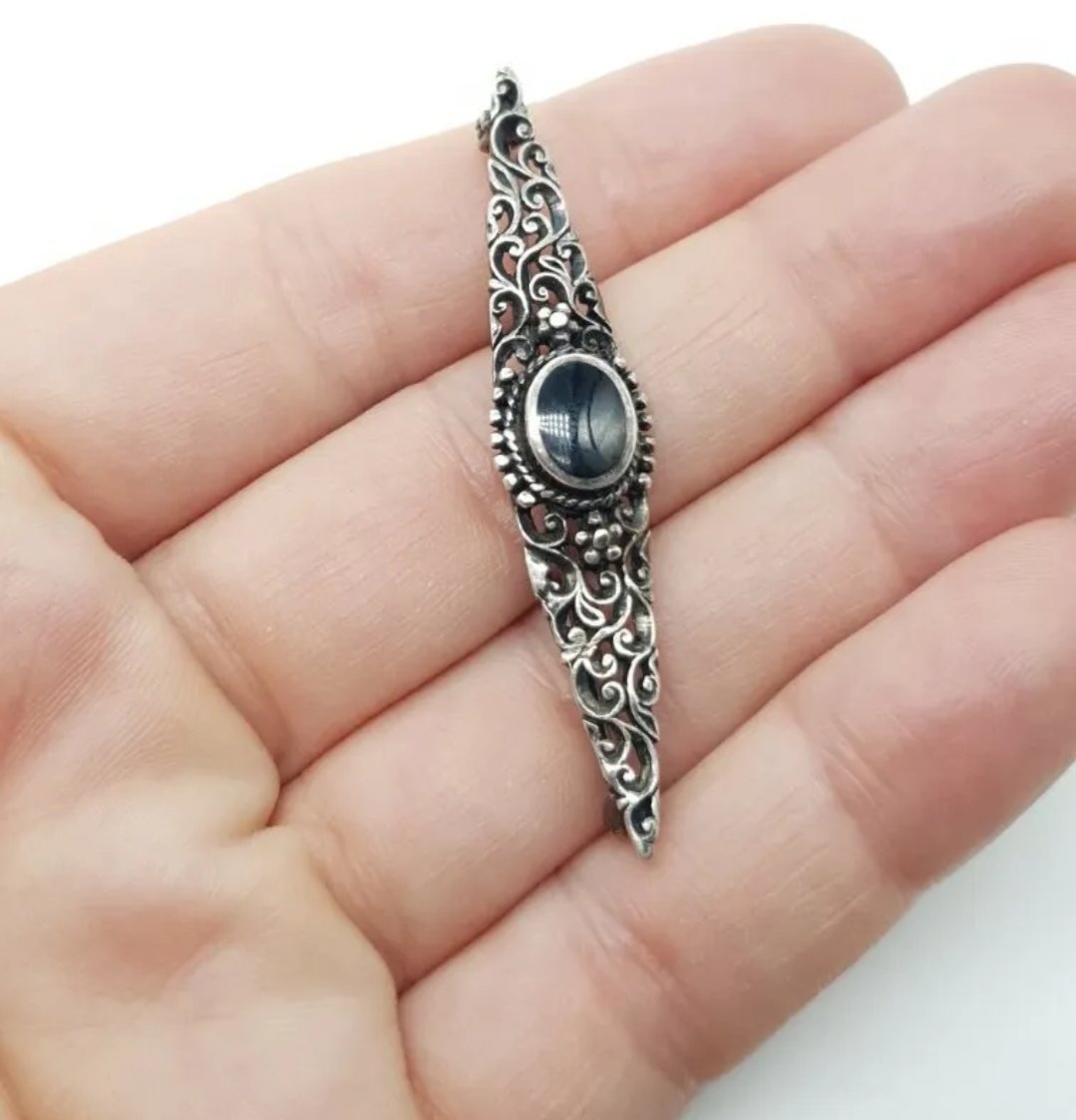 Vintage Silver Onyx Bar Brooch c1930s - Image 3