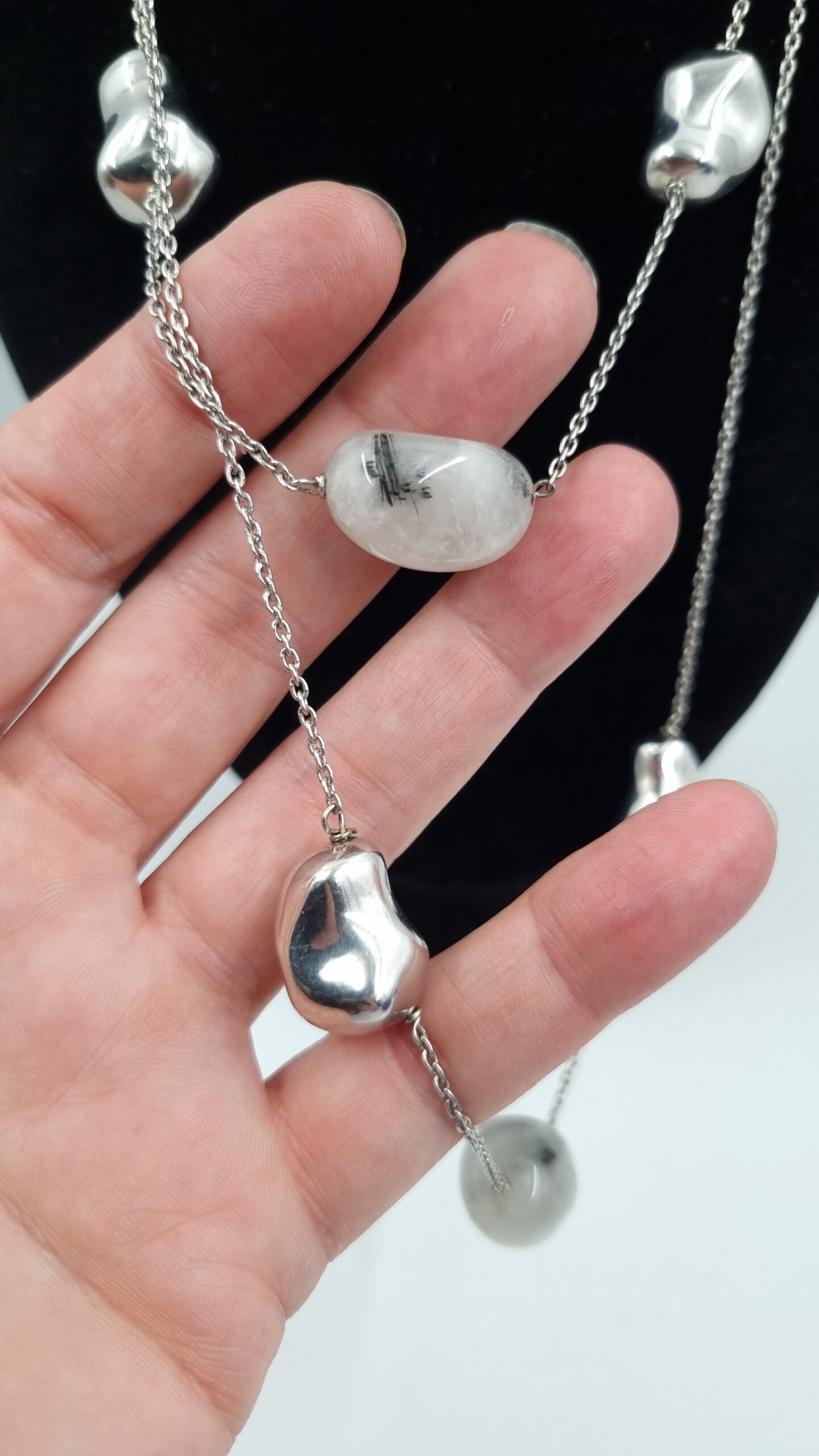 Tourmalated Quartz Necklace in Sterling Silver Large Pebble Beads. Italy. - Image 3
