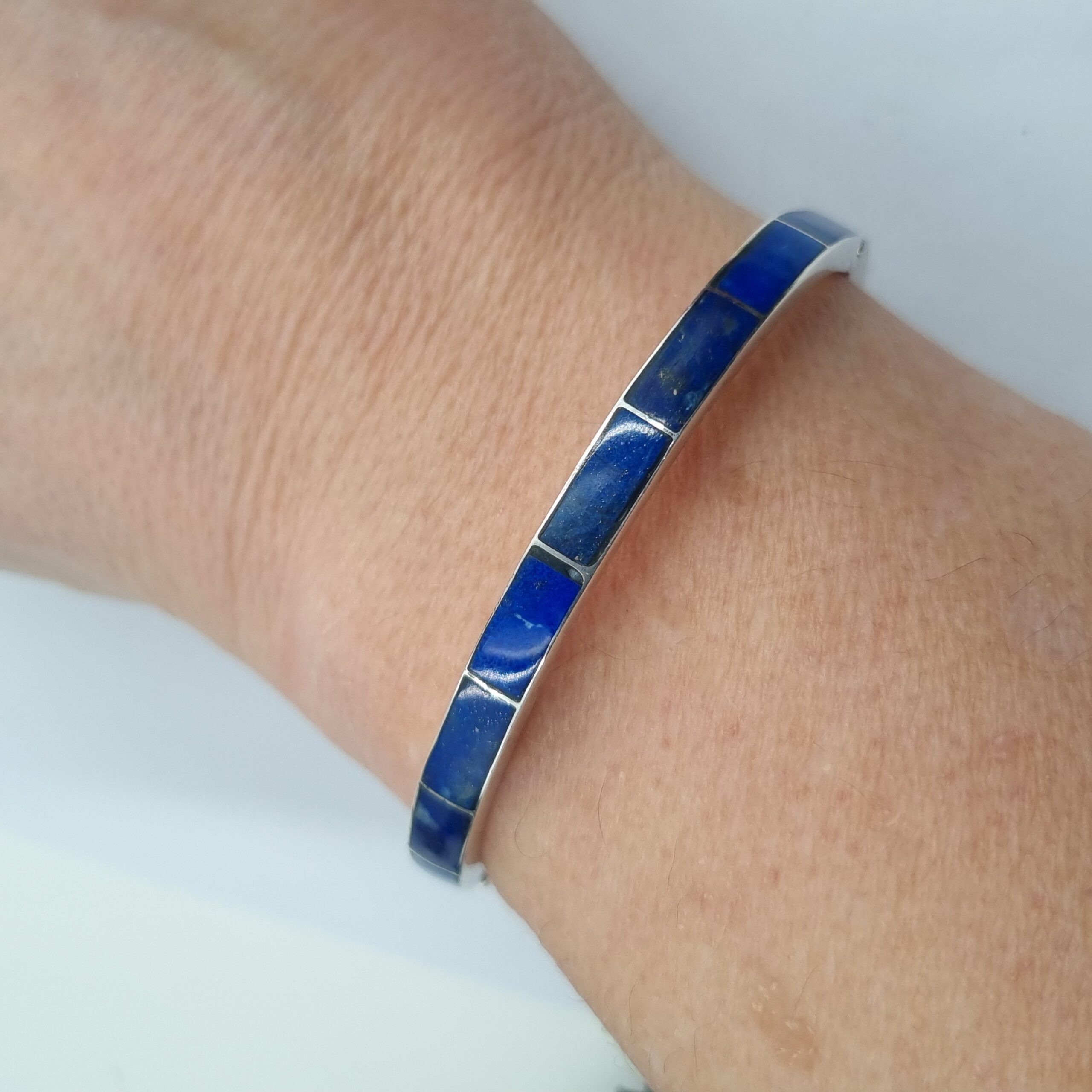 Lapis Lazuli Hinged Bangle Silver Vintage Marked Plata - Image 4