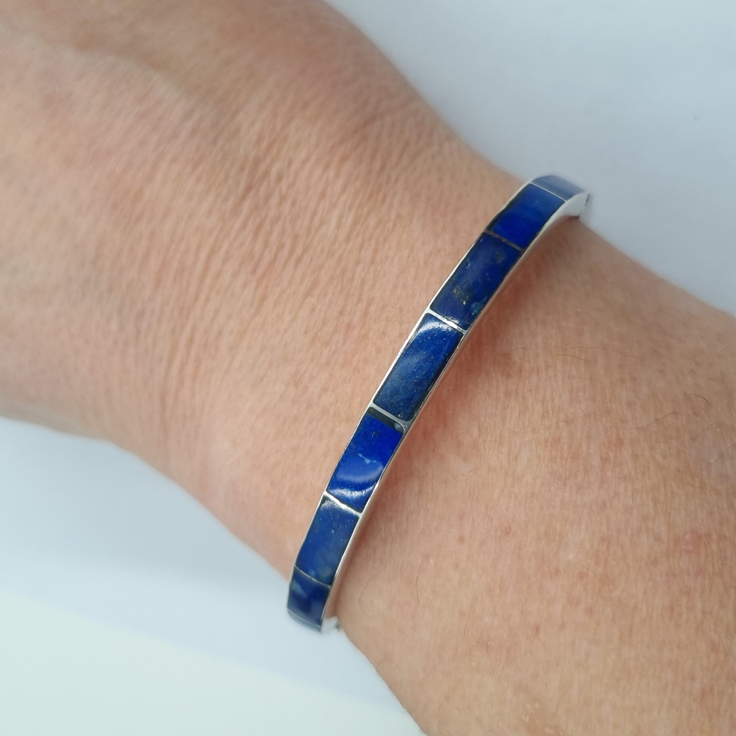 Lapis Lazuli Hinged Bangle Silver Vintage Marked Plata - Image 2