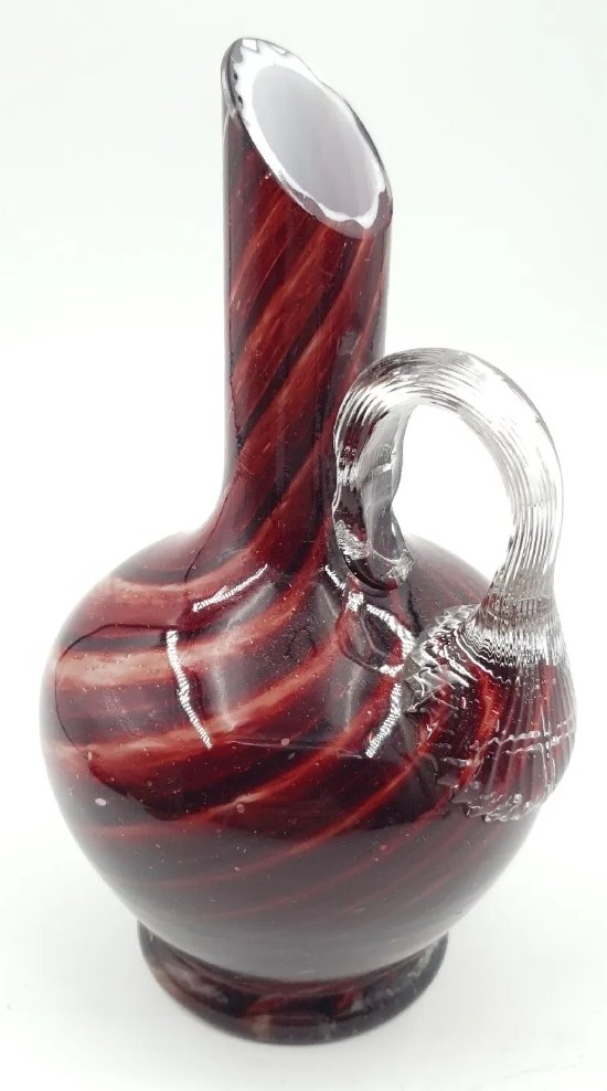 Cased Glass Jug Signed in Red & White Swirl Design & Applied Handle. - Image 4
