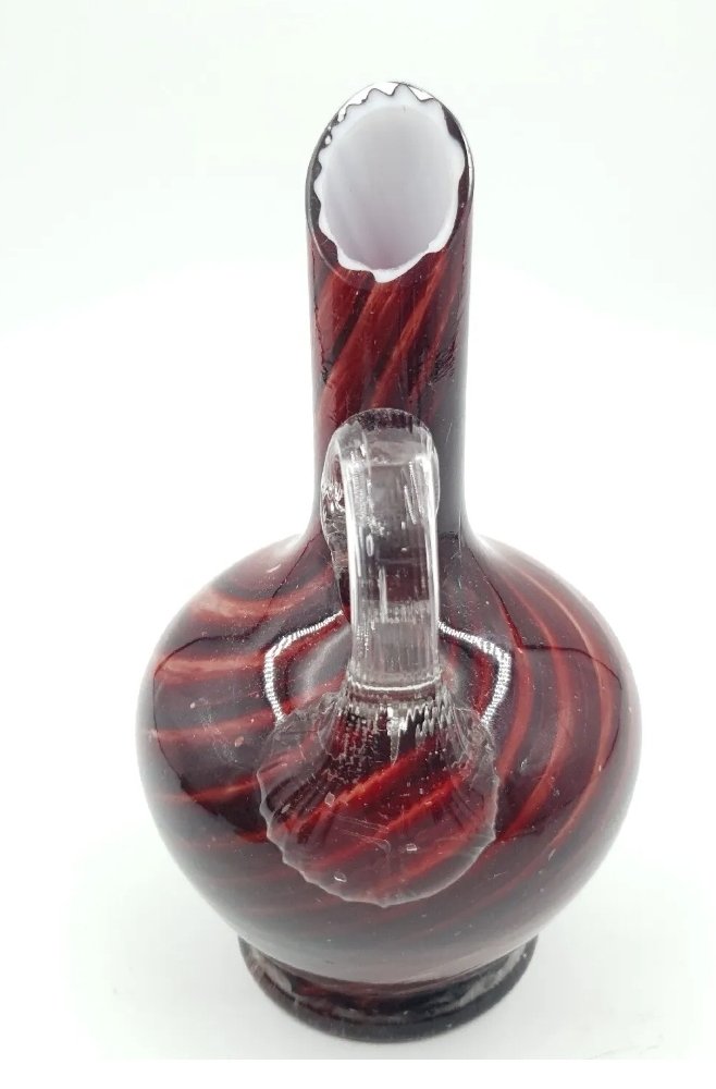 Cased Glass Jug Signed in Red & White Swirl Design & Applied Handle. - Image 2