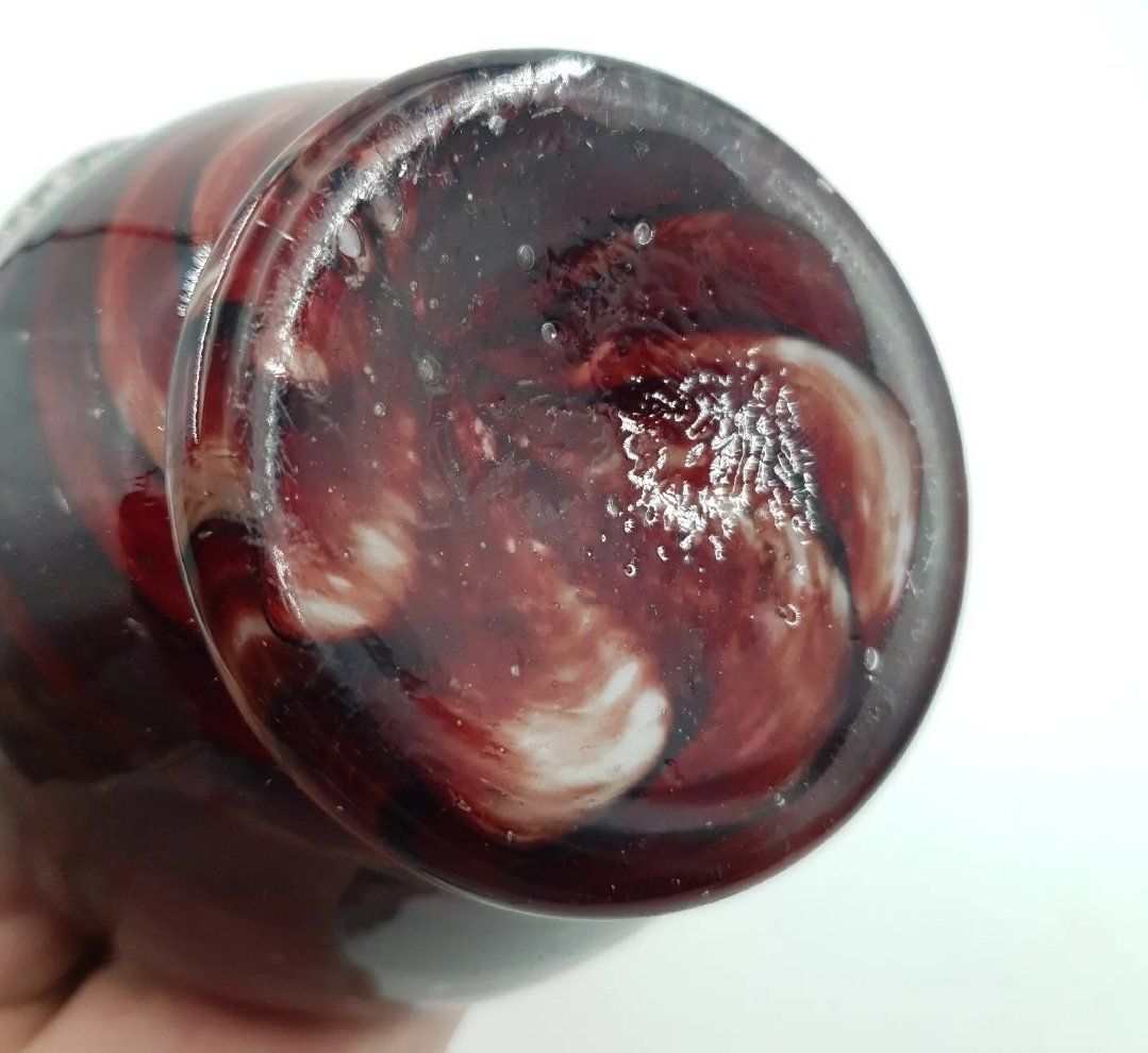 Cased Glass Jug Signed in Red & White Swirl Design & Applied Handle. - Image 5