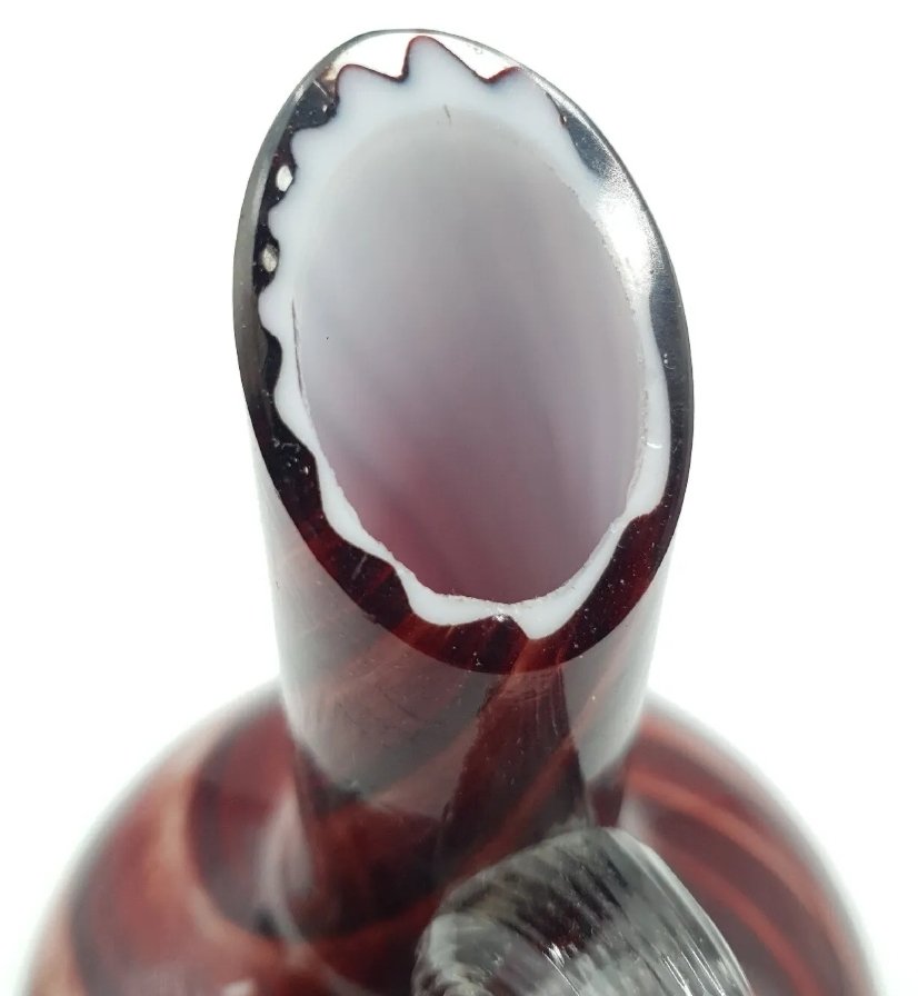 Cased Glass Jug Signed in Red & White Swirl Design & Applied Handle. - Image 7