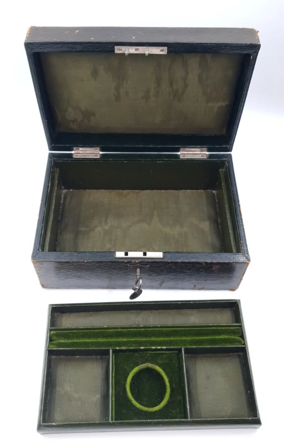Large Edwardian Leather Jewellery Box With Tray & Key. Silk & Velvet Lined - Image 3