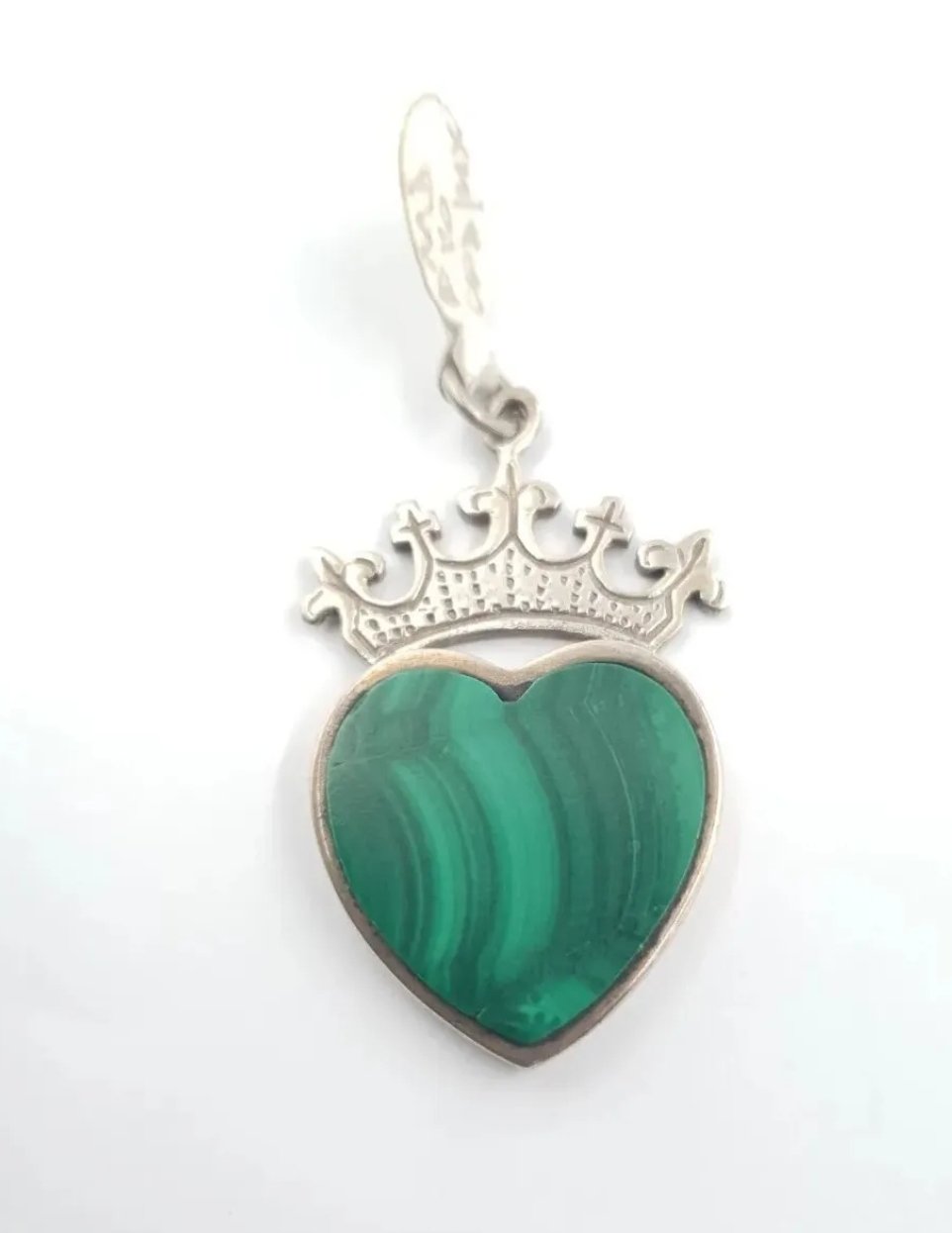Magnus Maximus Silver Malachite Heart Pendant with Crown Hallmarked 1973 - Image 3