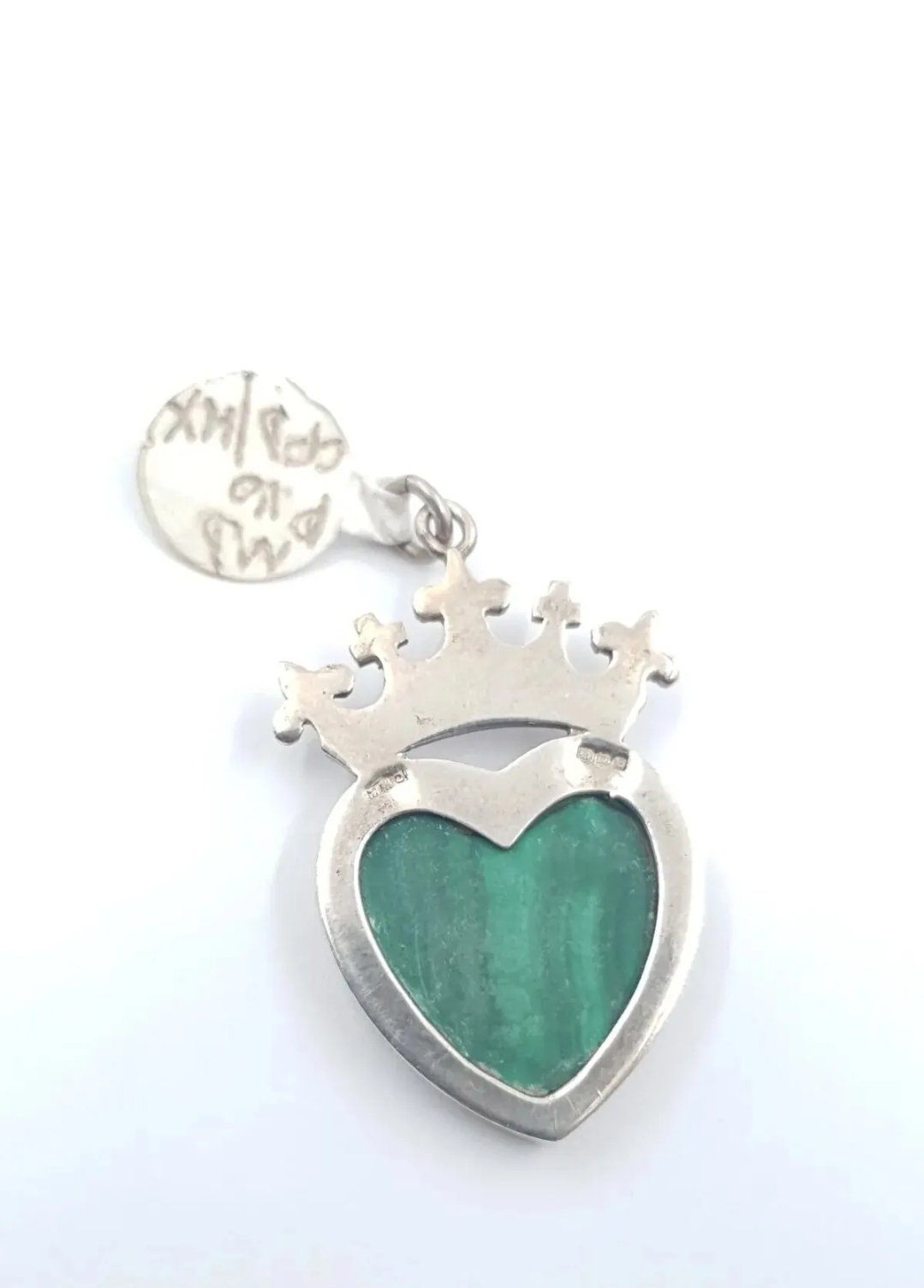 Magnus Maximus Silver Malachite Heart Pendant with Crown Hallmarked 1973 - Image 2