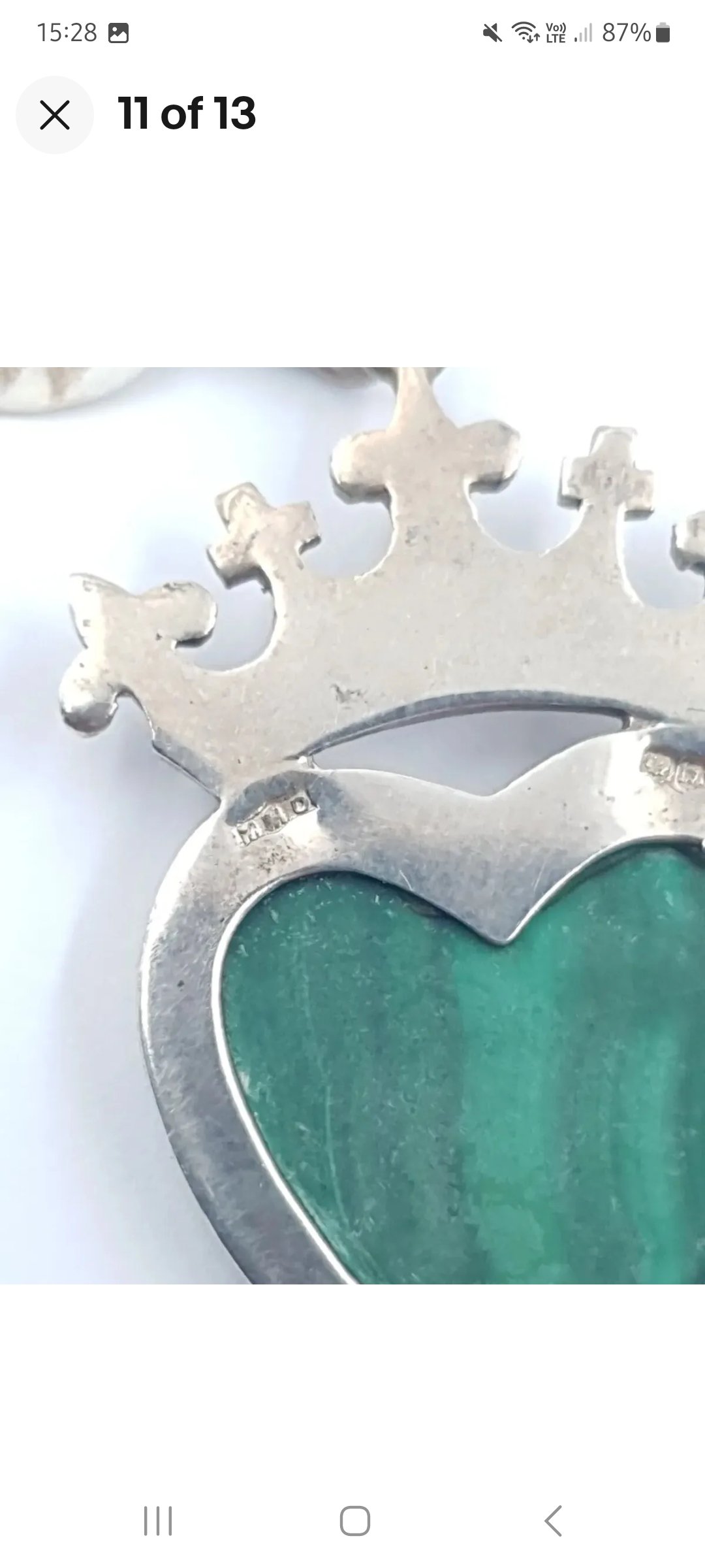 Magnus Maximus Silver Malachite Heart Pendant with Crown Hallmarked 1973 - Image 4