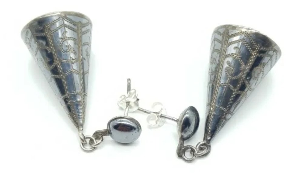 Silver Cone Shape Dangle Earrings Large Sterling & Black Niello Vintage Siam - Image 3