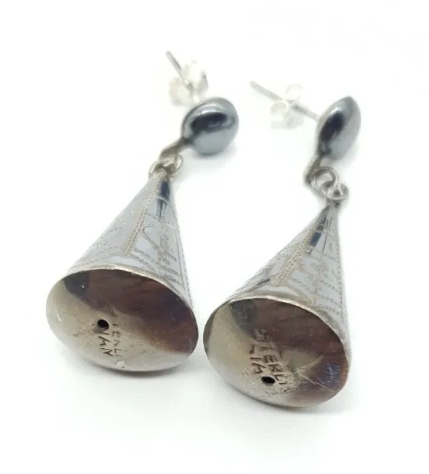 Silver Cone Shape Dangle Earrings Large Sterling & Black Niello Vintage Siam - Image 4