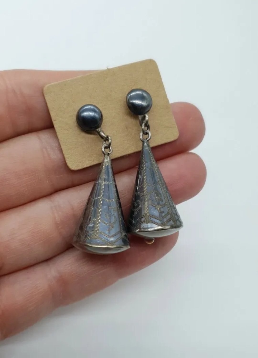 Silver Cone Shape Dangle Earrings Large Sterling & Black Niello Vintage Siam - Image 2