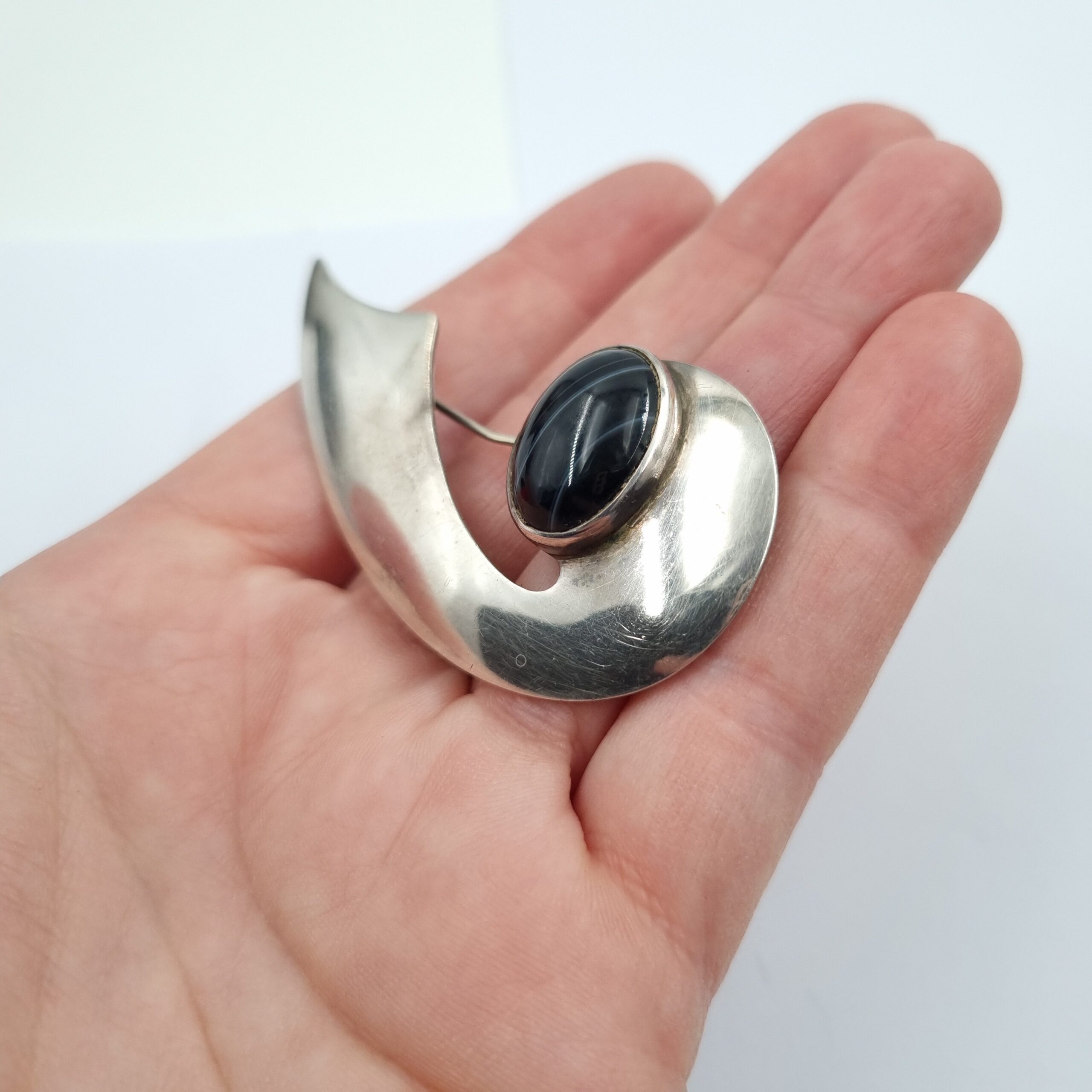 Modernist Silver Agate Brooch made in Israel c1960s Signed - Image 4