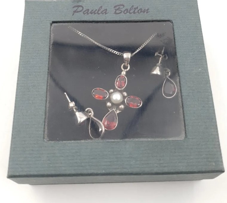 Paula Bolton Garnet Cross Pendant & Earrings Rhodolite Garnets & Pearl - Image 3