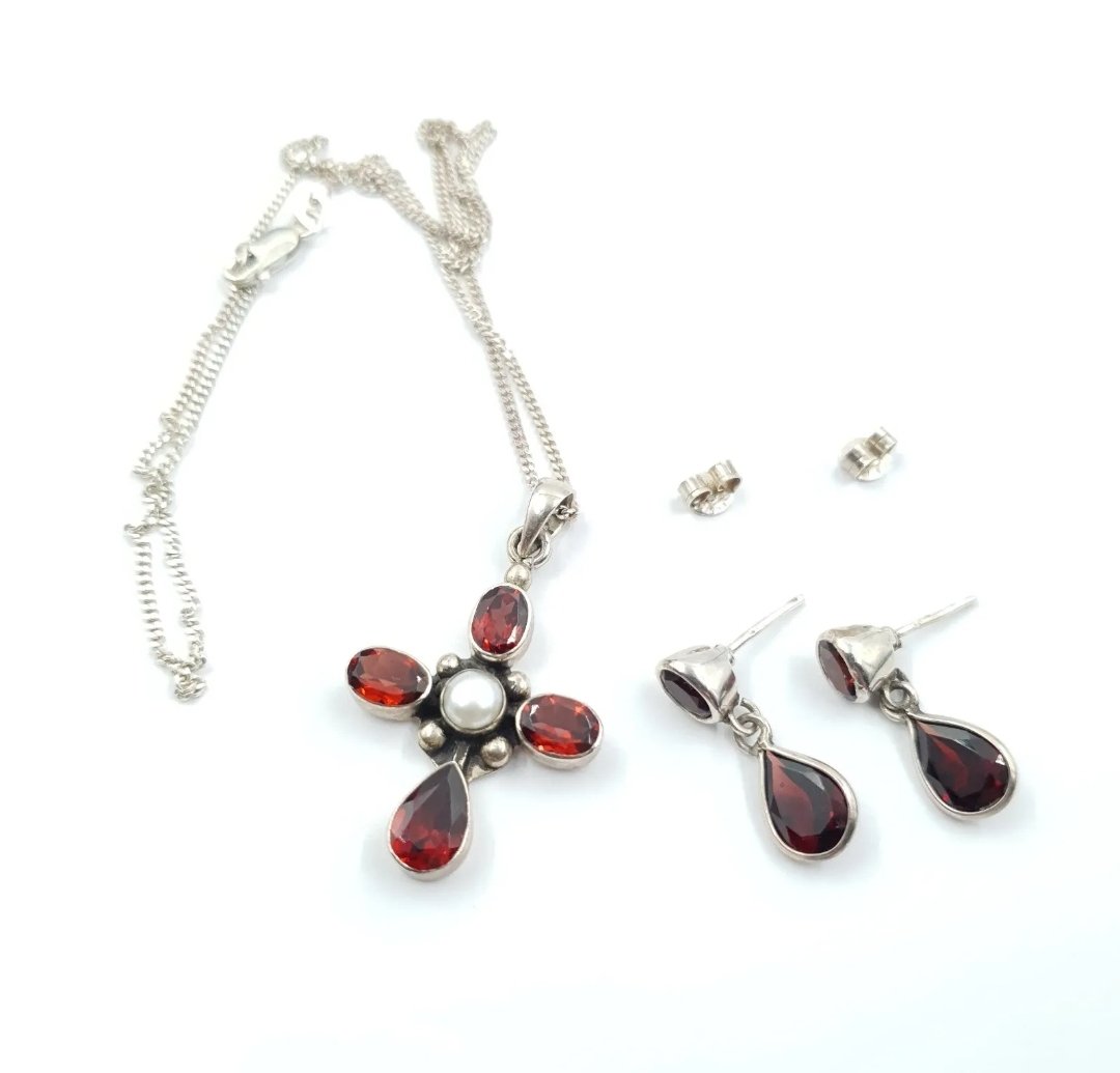 Paula Bolton Garnet Cross Pendant & Earrings Rhodolite Garnets & Pearl - Image 2