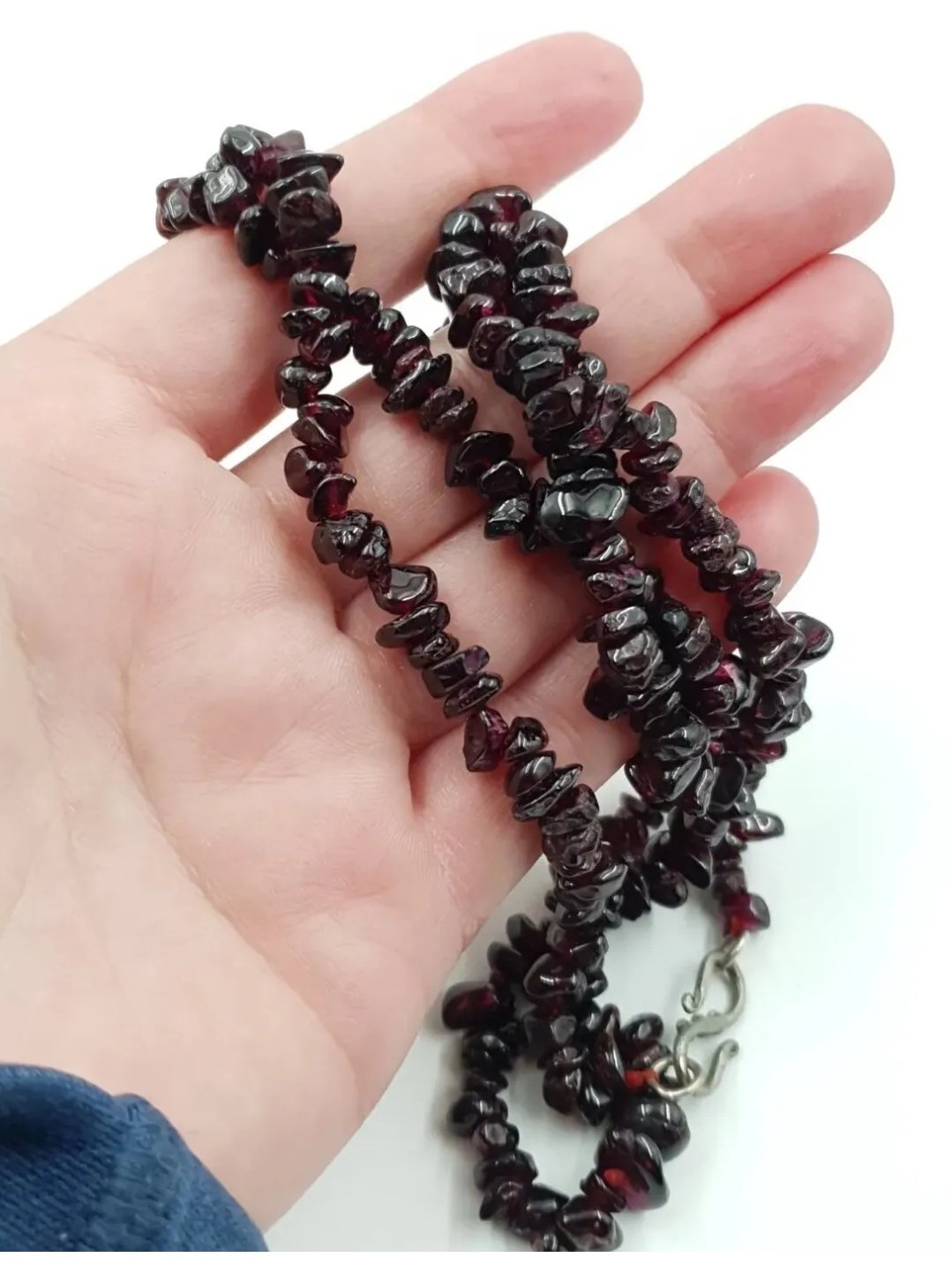 Long Garnet Necklace with Silver Clasp Purple Red Polished Gemstones - Image 2