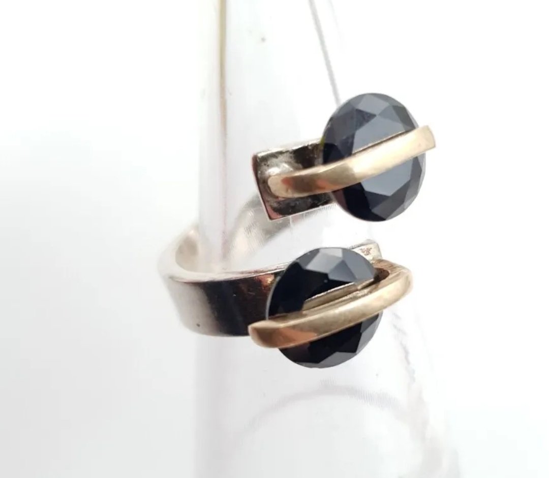Yzill Ring Twin Alter Ego Black Crystal Adjustable Sterling Silver & Bronze - Image 4