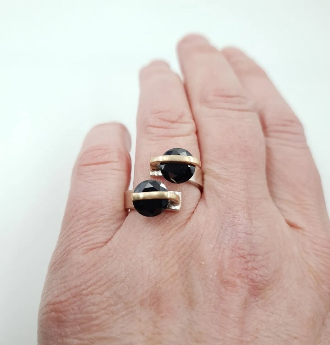 Yzill Ring Twin Alter Ego Black Crystal Adjustable Sterling Silver & Bronze - Image 3