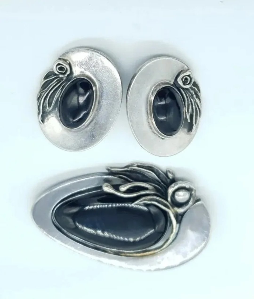 Silver Art Nouveau Brooch & Earrings Set Large Onyx Gdansk Poland Sterling Silver 925 Vintage Clip-on - Image 2