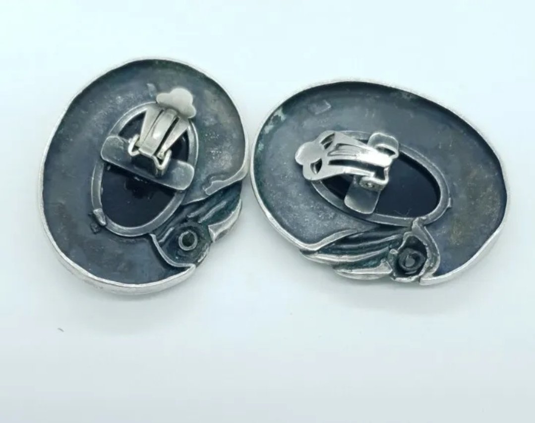 Silver Art Nouveau Brooch & Earrings Set Large Onyx Gdansk Poland Sterling Silver 925 Vintage Clip-on - Image 4