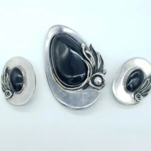 Silver Art Nouveau Brooch & Earrings Set Large Onyx Gdansk Poland