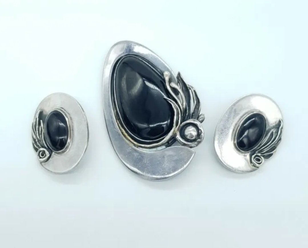 Silver Art Nouveau Brooch & Earrings Set Large Onyx Gdansk Poland