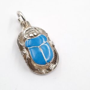 Egyptian Silver Scarab Pendant with Hieroglyphics & Blue Enamel