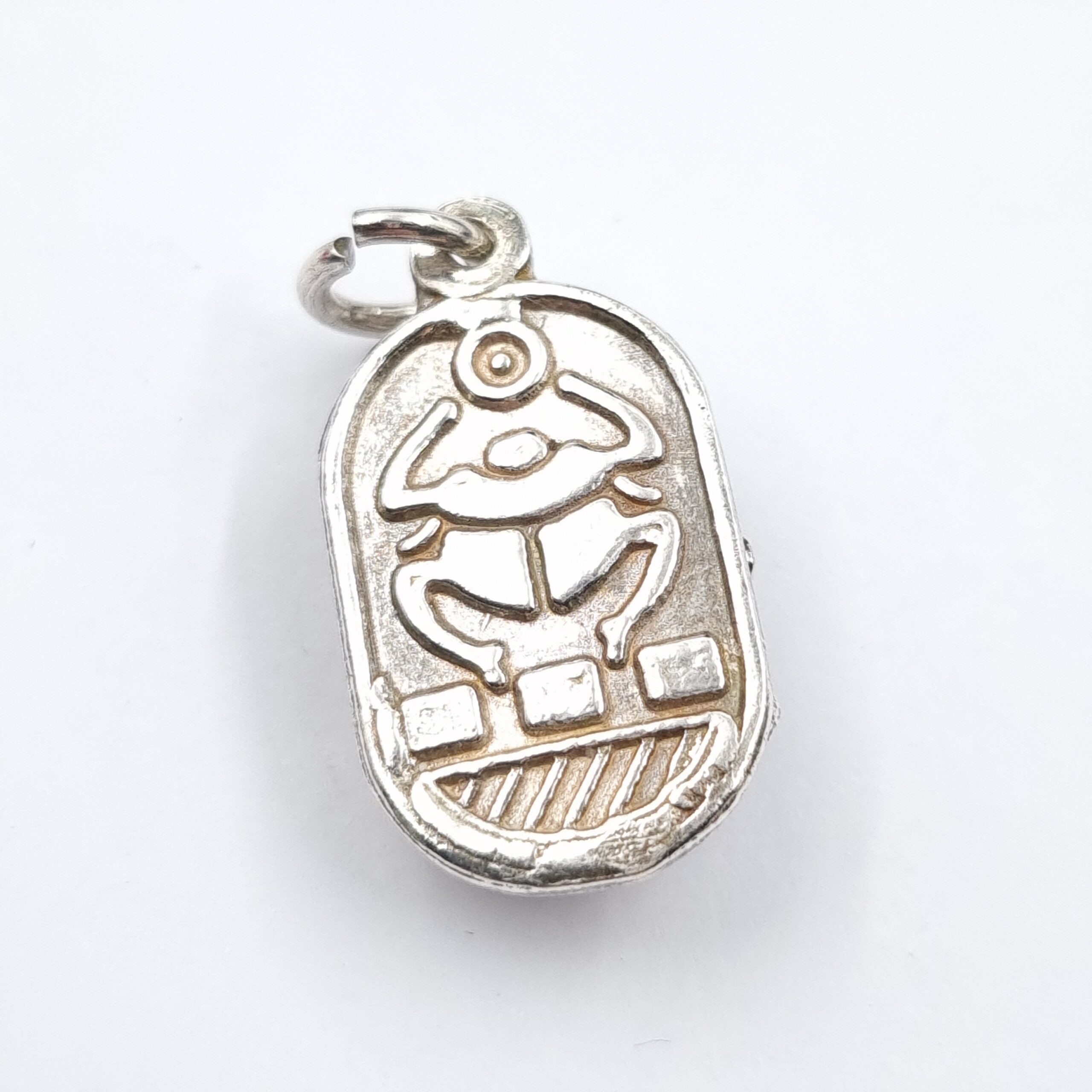 Egyptian Silver Scarab Pendant with Hieroglyphics & Blue Enamel - Image 2