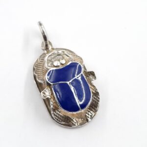 Egyptian Silver Scarab Pendant with Hieroglyphics & Blue Enamel