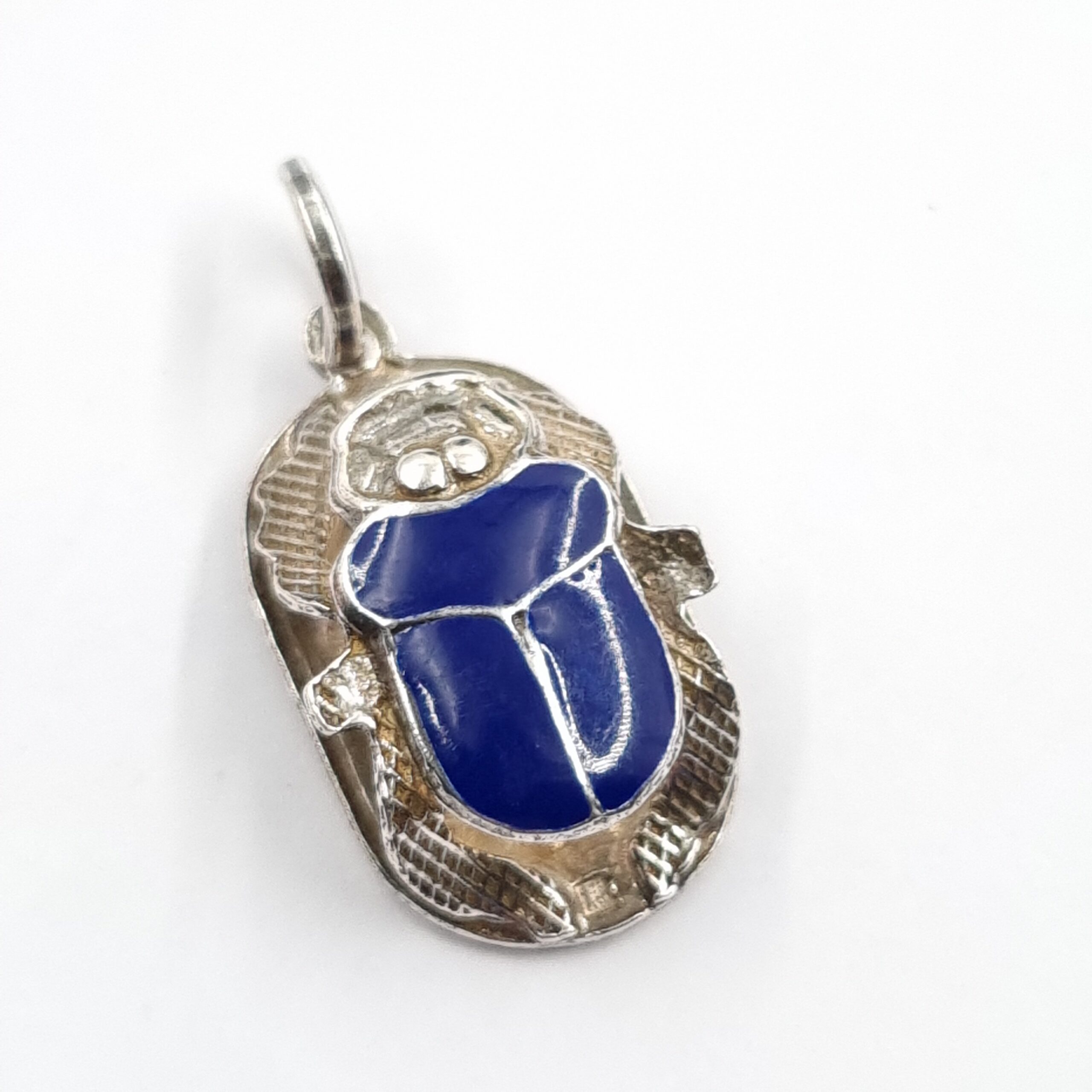 Egyptian Silver Scarab Pendant with Hieroglyphics & Blue Enamel