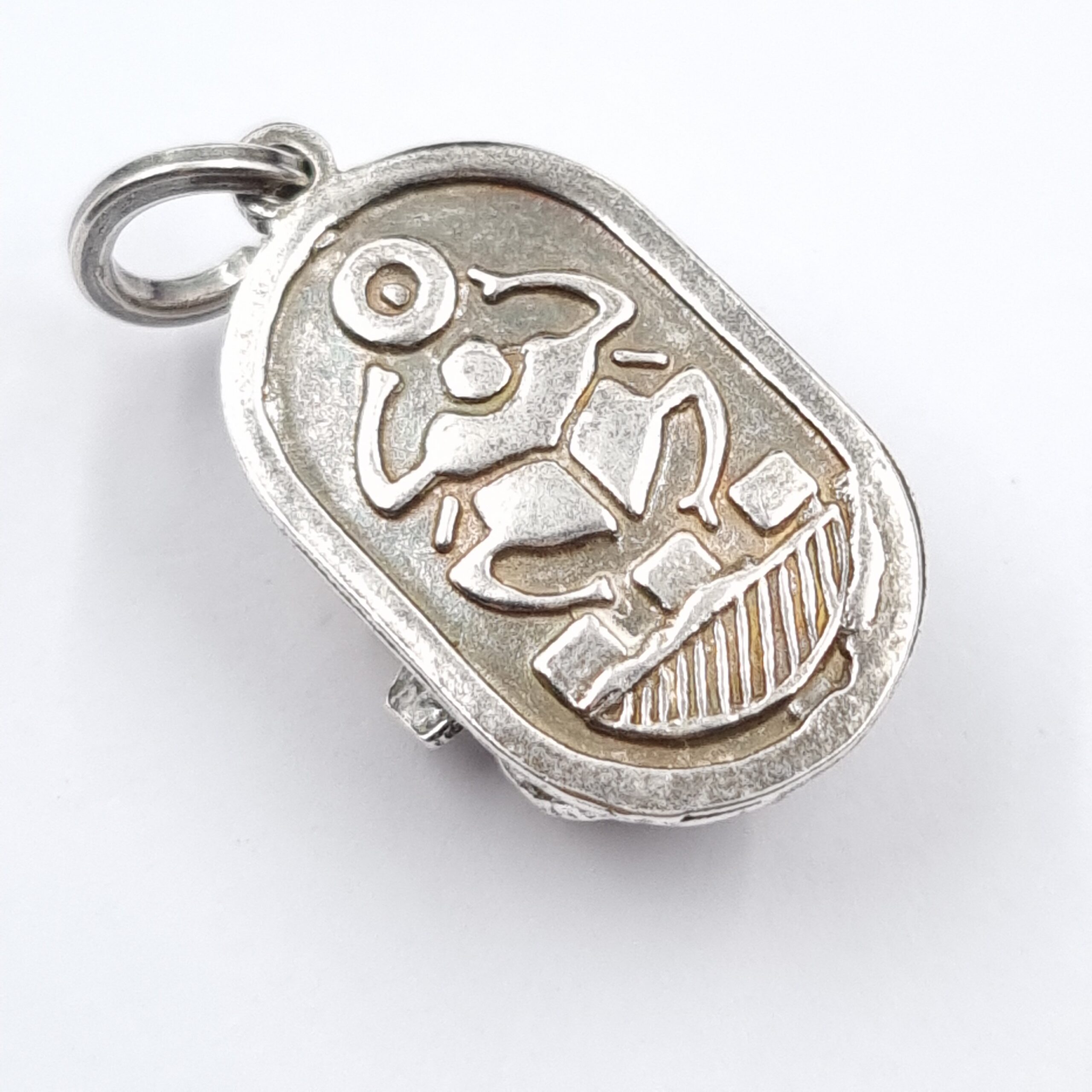 Egyptian Silver Scarab Pendant with Hieroglyphics & Dark Blue Enamel - Image 2
