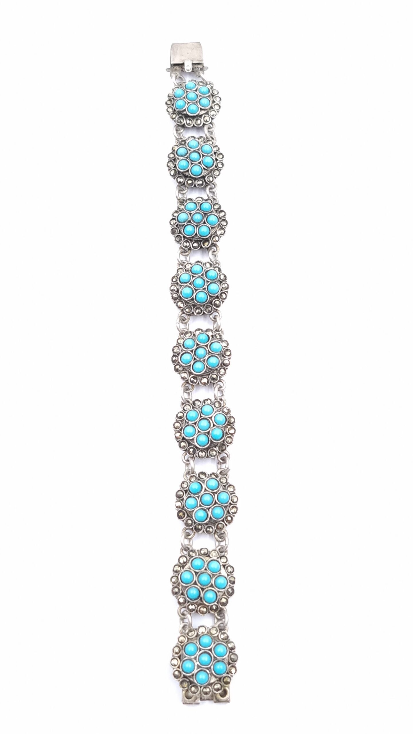 Turquoise & Marcasite Link Bracelet 800 Silver c1930s - Image 2