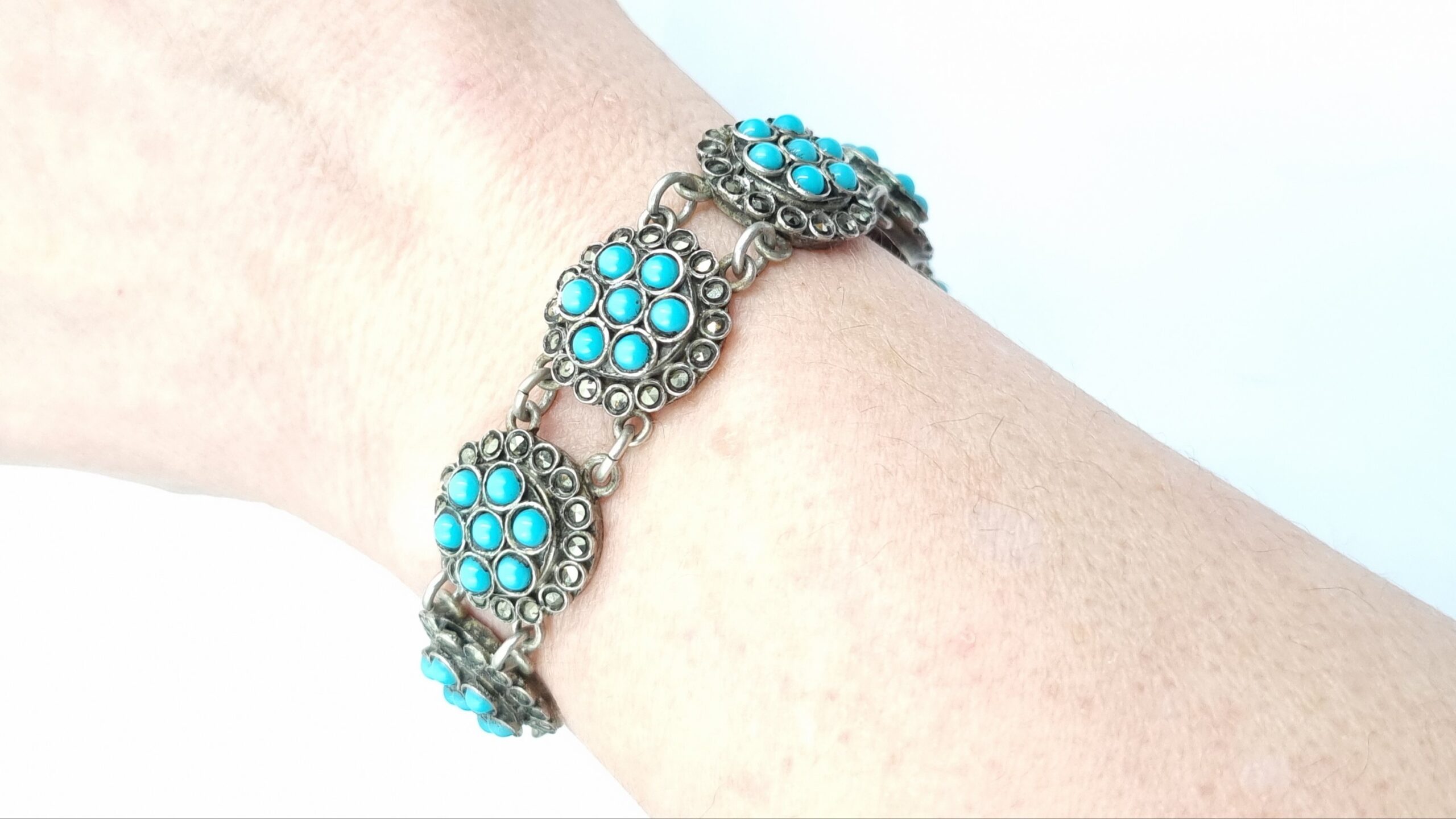 Turquoise & Marcasite Link Bracelet 800 Silver c1930s - Image 4
