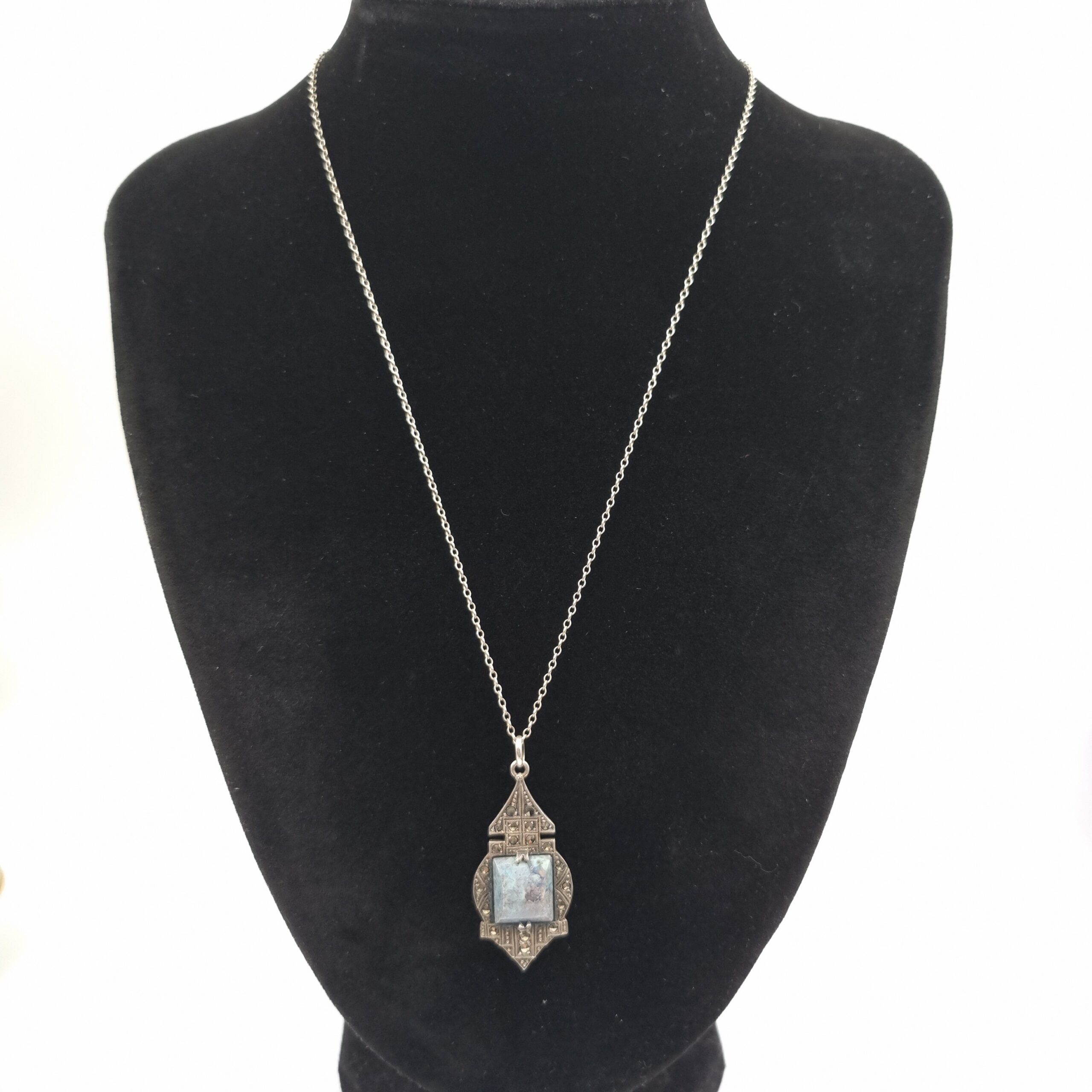 German Art Deco Pendant Necklace Marcasite & Jasper on Silver - Image 2