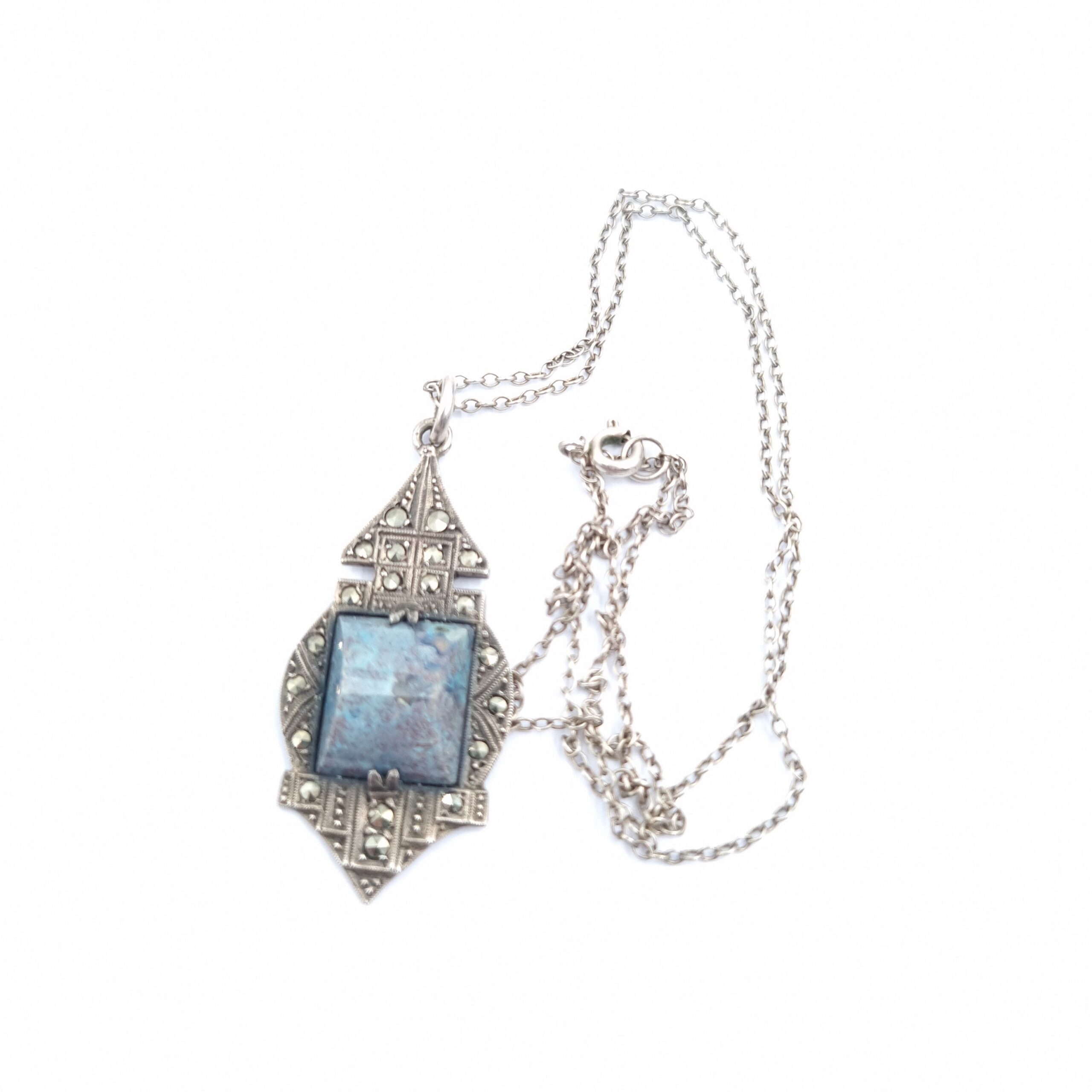 German Art Deco Pendant Necklace Marcasite & Jasper on Silver - Image 4
